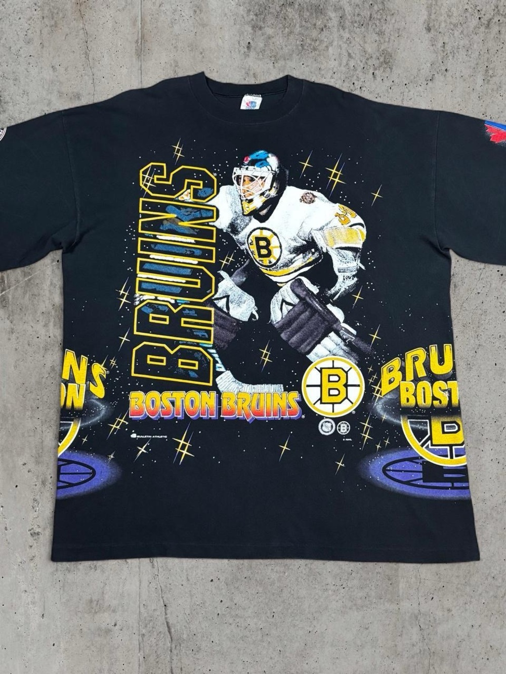 Vintage 1994 Boston Bruins Bulletin Athletic All Over Print Made In Canada Shirt